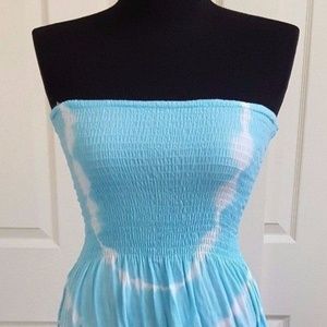 NEW TURQUOISE & WHITE TIE DYE STRAPLESS MAXI DRESS